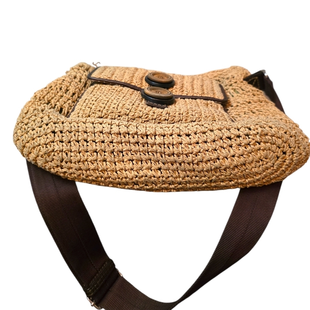 RARE Brighton Raffia Straw Crossbody Bag Boho Luxe Leather Heart Embossed Vintag - Picture 7 of 16